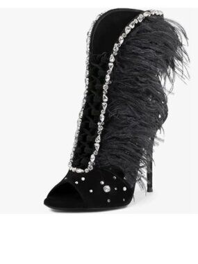 XYD Black Rhinestones Studs Open Toe Ankle Boots Lace Up Stiletto Heel Shoes